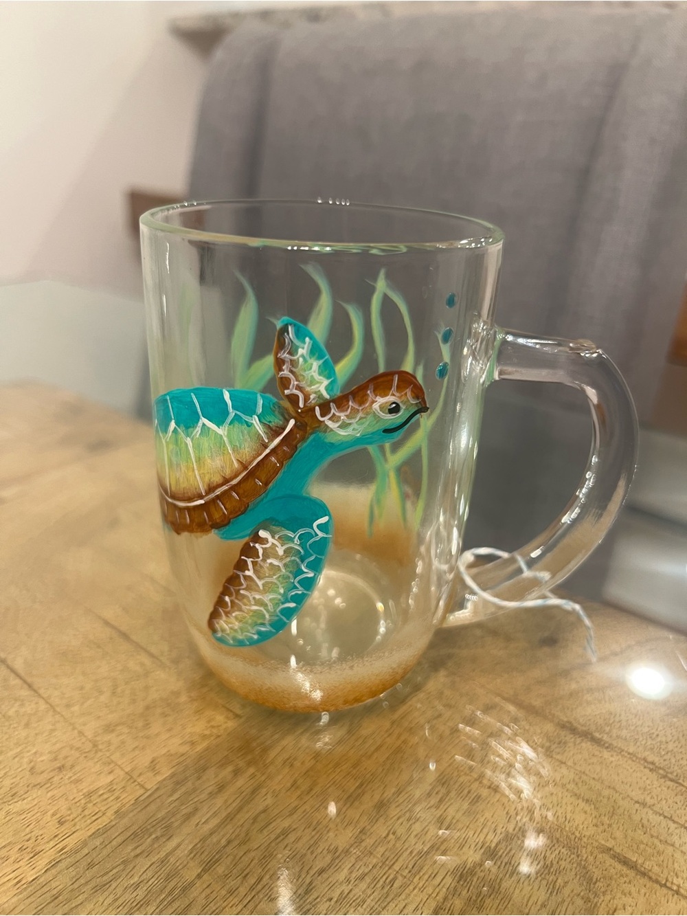 Hand-Painted Sea Turtle Glass Mug - Teal & Brown